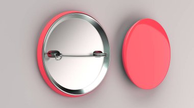 Beyaz arka plan üzerinde boş kırmızı rozet. PIN düğmesini mockup. 3D render illüstrasyon