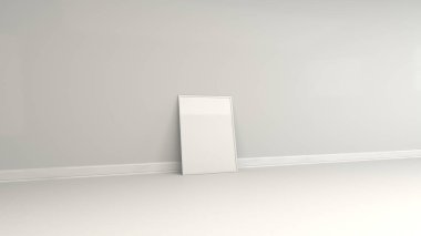 Beyaz bir çerçeve ayakta duvara yakın yerdeki boş beyaz poster. Resim ya da fotoğraf mockup. 3D render illüstrasyon