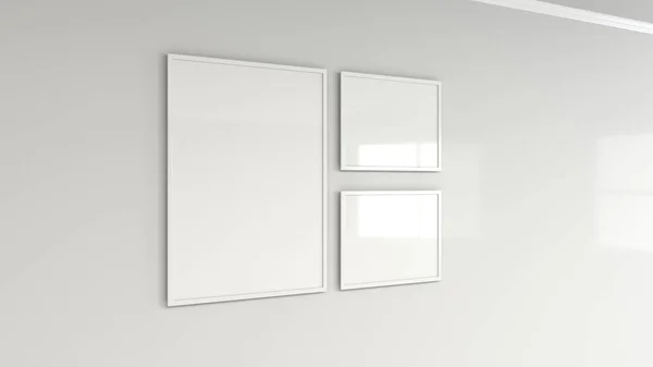 Blank white poster in white frame on the wall. Picture or photo mockup. 3D render illustration