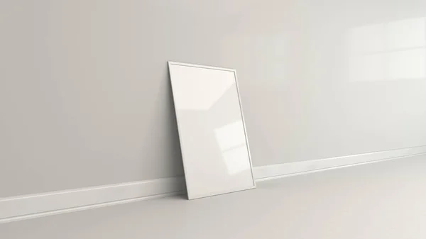 Blank White Poster White Frame Standing Floor Wall Picture Photo — Stock Photo, Image