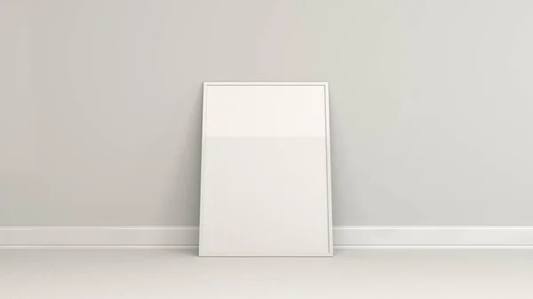 Blank white poster in white frame standing on the floor near the wall. Picture or photo mockup. 3D render illustration