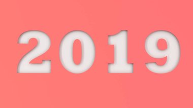 Beyaz 2019 numarası kırmızı kağıt kesti. 2019 yeni yıl işareti. 3D render illüstrasyon