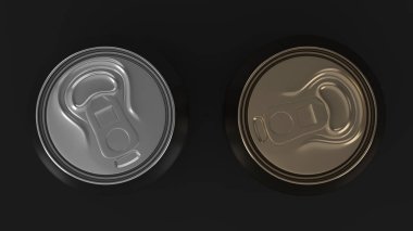 İki küçük altın ve gümüş alüminyum soda kutular mockup siyah arka plan üzerine. Bira veya içecek teneke paketi. 3D render illüstrasyon