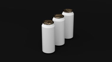 Siyah arka plan üzerine beyaz gazoz teneke ham. İçecek mockup. Bira veya içecek teneke paketi. 3D render illüstrasyon