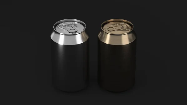 Dois Pequenos Latas Carbonato Sódio Ouro Prata Mockup Fundo Preto — Fotografia de Stock