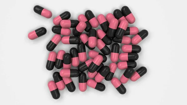 一堆黑色和红色药物胶囊白色背景 医疗或药学的概念 渲染插图 — 图库照片