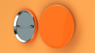 Turuncu zemin üzerine boş portakal rozeti. PIN düğmesini mockup. 3D render illüstrasyon