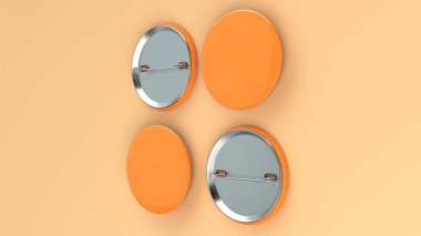 Turuncu zemin üzerine boş portakal rozeti. PIN düğmesini mockup. 3D render illüstrasyon