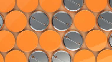 Turuncu arka plan boş portakal rozetleri. PIN düğmesini mockup. 3D render illüstrasyon