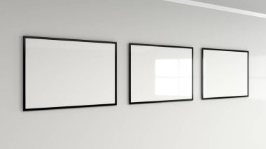 Duvardaki siyah çerçeve içinde boş beyaz posteri. Resim ya da fotoğraf mockup. 3D render illüstrasyon
