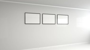 Duvardaki siyah çerçeve içinde boş beyaz posteri. Resim ya da fotoğraf mockup. 3D render illüstrasyon