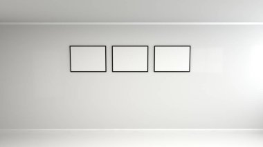 Duvardaki siyah çerçeve içinde boş beyaz posteri. Resim ya da fotoğraf mockup. 3D render illüstrasyon