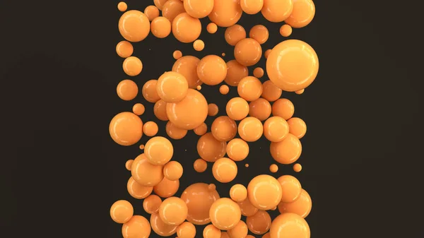 黑色背景上随机大小的橙色球体 抽象背景与圈子 墙前的圆云 渲染插图 — 图库照片