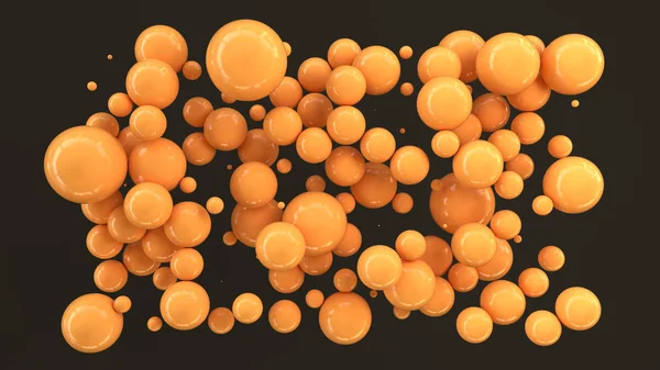 黒の背景にランダムなサイズのオレンジ球は 抽象的な背景の円 壁の前にサークルの雲 レンダリング図 — ストック写真