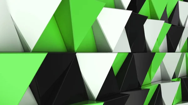 Pattern of black, white and green triangle prisms. Wall of prisms. Abstract 3d background. 3D rendering illustration.