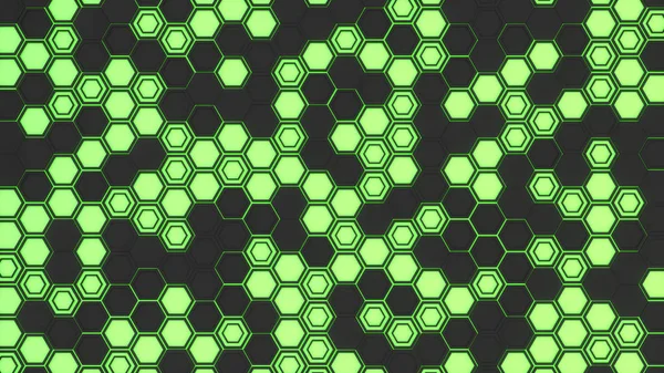 Abstract 3d background made of black hexagons on green glowing background. Wall of hexagons. Honeycomb pattern. 3D render illustration