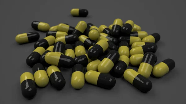 Stapel Schwarz Gelber Medikamentenkapseln Auf Schwarzem Hintergrund Medizinisches Medizinisches Oder — Stockfoto