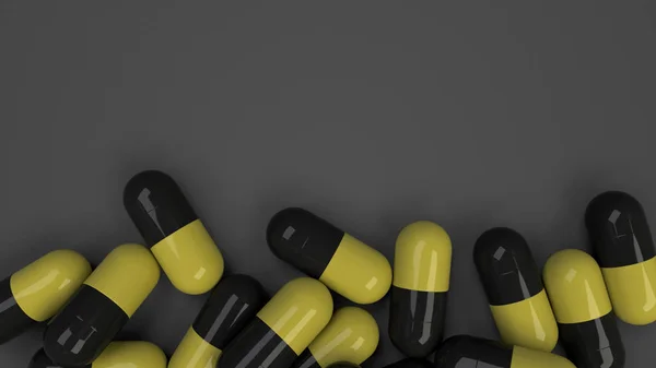 Stapel Schwarz Gelber Medikamentenkapseln Auf Schwarzem Hintergrund Medizinisches Medizinisches Oder — Stockfoto