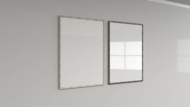 Duvarda ahşap çerçeve içinde boş beyaz posteri. Resim ya da fotoğraf mockup. 3D render illüstrasyon