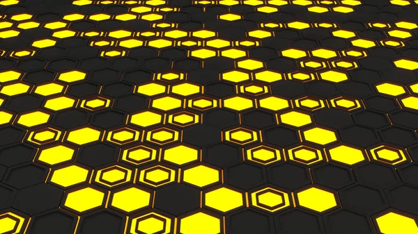 Abstract 3d background made of black hexagons on orange glowing background. Wall of hexagons. Honeycomb pattern. 3D render illustration