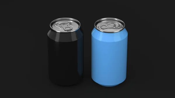 Deux Petites Canettes Soda Aluminium Noir Bleu Maquette Sur Fond — Photo