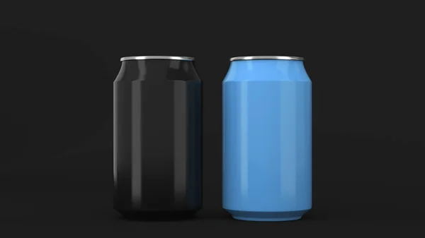 Two Small Black Blue Aluminum Soda Cans Mockup Black Background — Stock Photo, Image