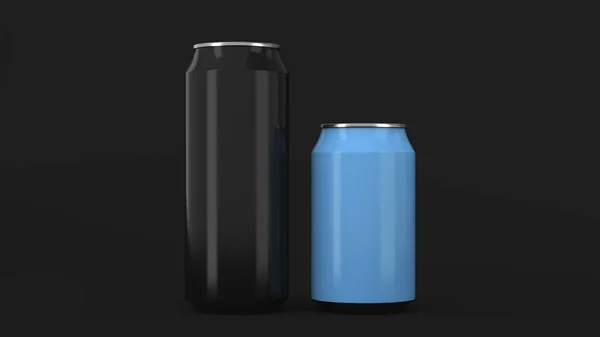 Big Black Small Blue Aluminum Soda Cans Mockup Black Background — Stock Photo, Image