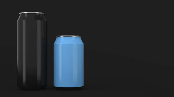 Big Black Small Blue Aluminum Soda Cans Mockup Black Background — Stock Photo, Image