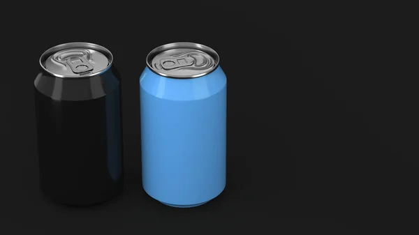 Dwa Małe Aluminium Czarny Niebieski Soda Puszek Makieta Czarnym Tle — Zdjęcie stockowe