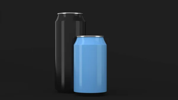 Big Black Small Blue Aluminum Soda Cans Mockup Black Background — Stock Photo, Image