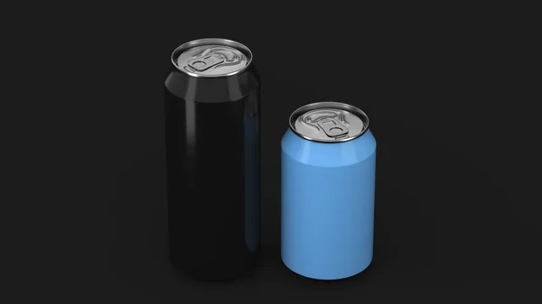 Grandes Latas Soda Aluminio Negro Azul Pequeño Maqueta Sobre Fondo —  Fotos de Stock