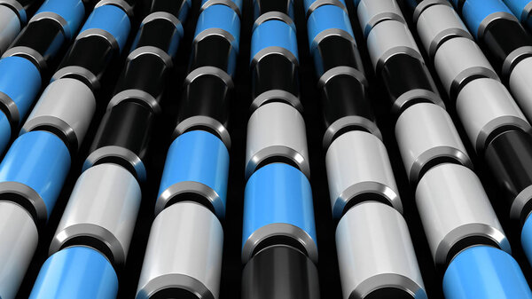Raws of black, white and blue soda cans on black background. Beverage mockup. Tin package of beer or drink. 3D rendering illustration