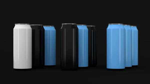 Raw Black White Blue Soda Cans Black Background Beverage Mockup — Stock Photo, Image