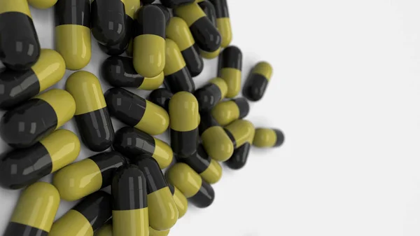 一堆黑色和黄色的药物胶囊在白色的背景 医疗或药学的概念 渲染插图 — 图库照片