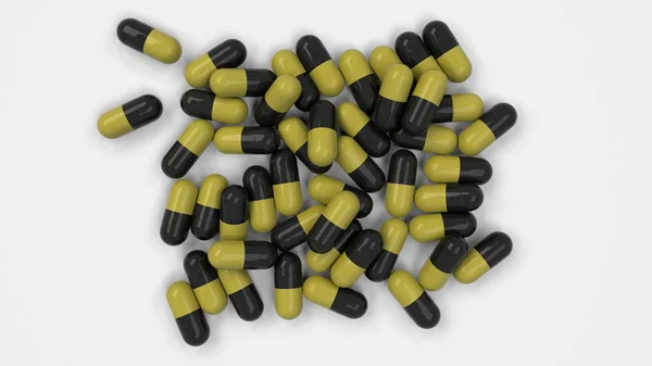 Beyaz Arka Planda Siyah Sarı Ilaç Kapsül Yığını Tıp Sağlık — Stok fotoğraf