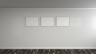 Duvarda ahşap çerçeve içinde boş beyaz posteri. Resim ya da fotoğraf mockup. 3D render illüstrasyon