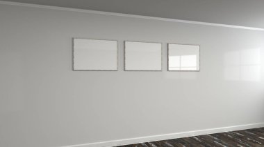 Duvarda ahşap çerçeve içinde boş beyaz posteri. Resim ya da fotoğraf mockup. 3D render illüstrasyon