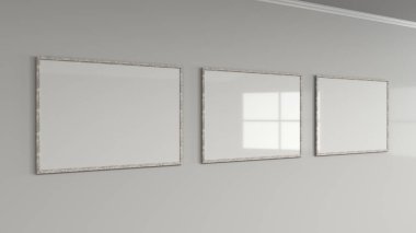Duvarda ahşap çerçeve içinde boş beyaz posteri. Resim ya da fotoğraf mockup. 3D render illüstrasyon