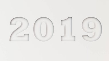 2019 numarası beyaz kağıt kesti. 2019 yeni yıl işareti. 3D render illüstrasyon