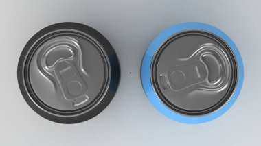 İki küçük siyah ve mavi alüminyum tozu mockup beyaz arka plan üzerinde kutular. Bira veya içecek teneke paketi. 3D render illüstrasyon