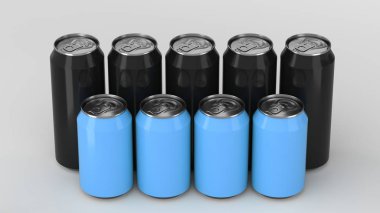 Büyük ve küçük siyah ve mavi soda ayakta beyaz arka plan üzerinde iki raws kutular. İçecek mockup. Bira veya içecek teneke paketi. 3D render illüstrasyon