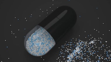 Siyah arka plan üzerinde renkli ilaç kapsül. Tıbbi ya da eczane konsepti. 3D render illüstrasyon