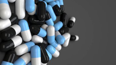 Siyah arka plan üzerine siyah, beyaz ve mavi tıp kapsül yığını. Tıp, sağlık veya eczane konsepti. 3D render illüstrasyon