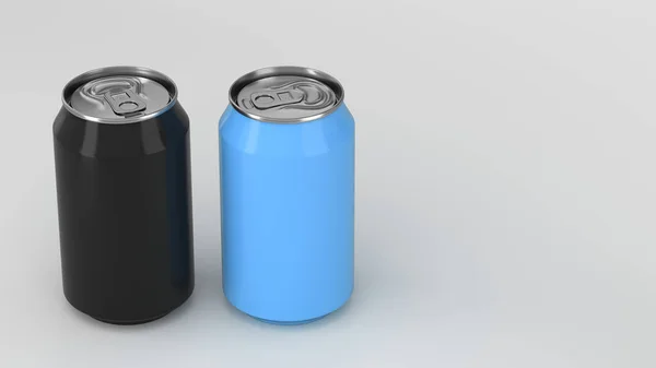 Twee Kleine Zwarte Blauwe Aluminium Soda Blikjes Mockup Witte Achtergrond — Stockfoto