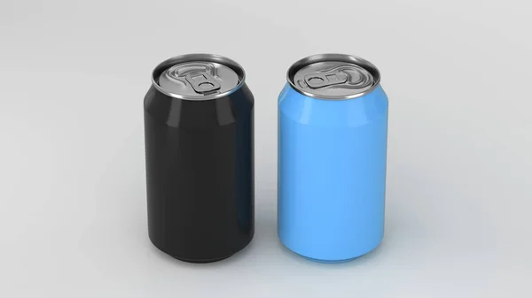 Két Kis Fekete Kék Alumínium Soda Kannák Fehér Háttér Makett — Stock Fotó