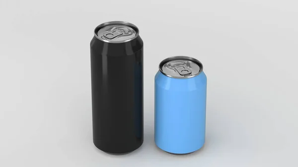 Big Black Small Blue Aluminum Soda Cans Mockup White Background — Stock Photo, Image