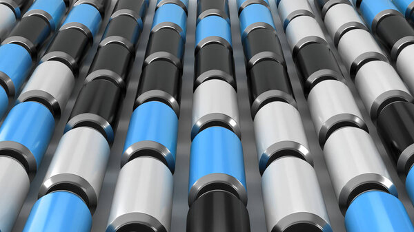 Raws of black, white and blue soda cans on white background. Beverage mockup. Tin package of beer or drink. 3D rendering illustration