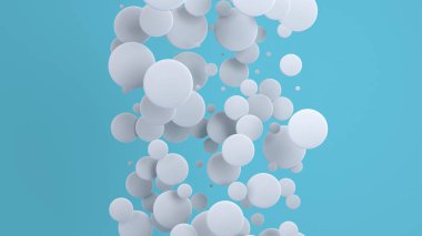 Rastgele büyüklükteki mavi zemin üzerine beyaz diskler. Arka plan daire ile. Bulut çevrelerin duvar önünde. 3D render illüstrasyon