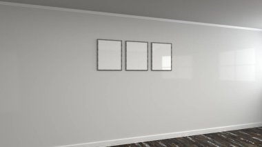 Duvarda ahşap çerçeve içinde boş beyaz posteri. Resim ya da fotoğraf mockup. 3D render illüstrasyon