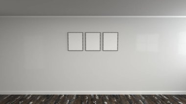 Duvarda ahşap çerçeve içinde boş beyaz posteri. Resim ya da fotoğraf mockup. 3D render illüstrasyon